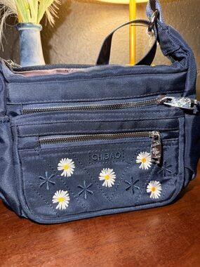 CHIBAO Navy Blue Crossbody Bag with Embroidered Daisies